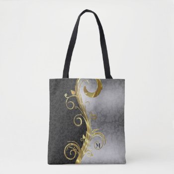 Black And Silver Floral Damask And Gold Swirl Tote Bag by gogaonzazzle at Zazzle