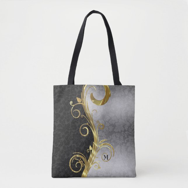 Black And Silver Floral Damask And Gold Swirl Tote Bag (Front)