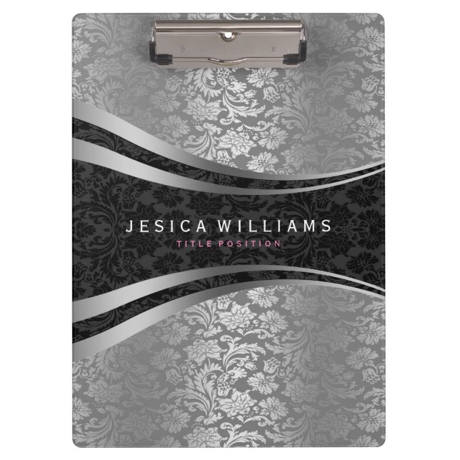 Black And Silver Floral Damasks Clipboard (Front)