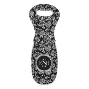 Black And Silver Floral Damasks Monogrammed Wine Bag