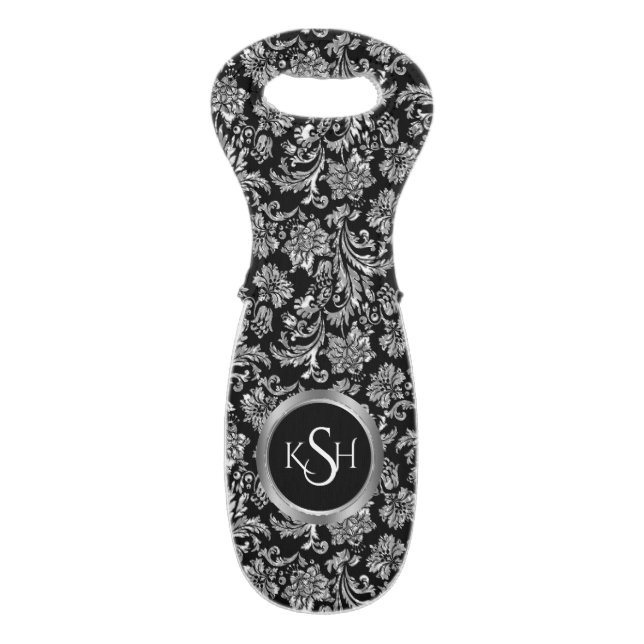 Black And Silver Floral Damasks Monogrammed Wine Bag (Front Flat)
