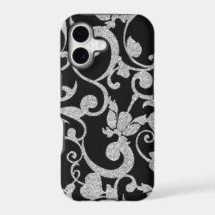 Black and Silver Floral Glitter iPhone Case