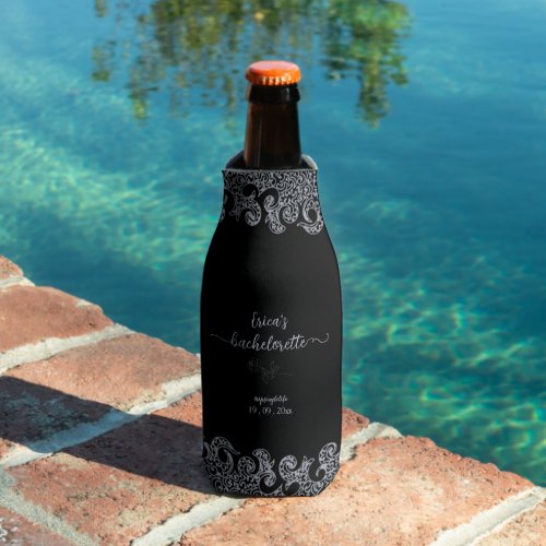 Black and Silver Floral Gothic Bachelorette Party Bottle Cooler
