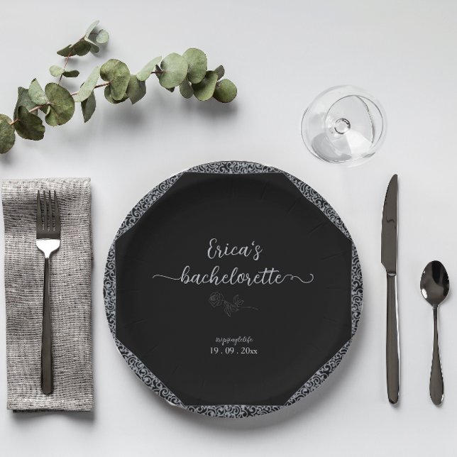 Black and Silver Floral Gothic Bachelorette Party Paper Plates (Creator Uploaded)