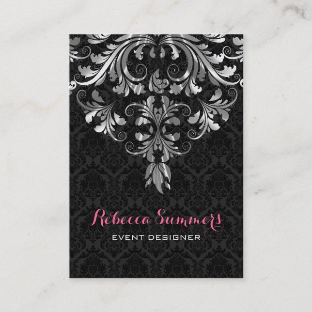 Black And Silver Floral Lace Business Card (Front)