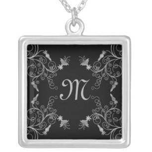 Black and Silver Floral Monogram Necklace