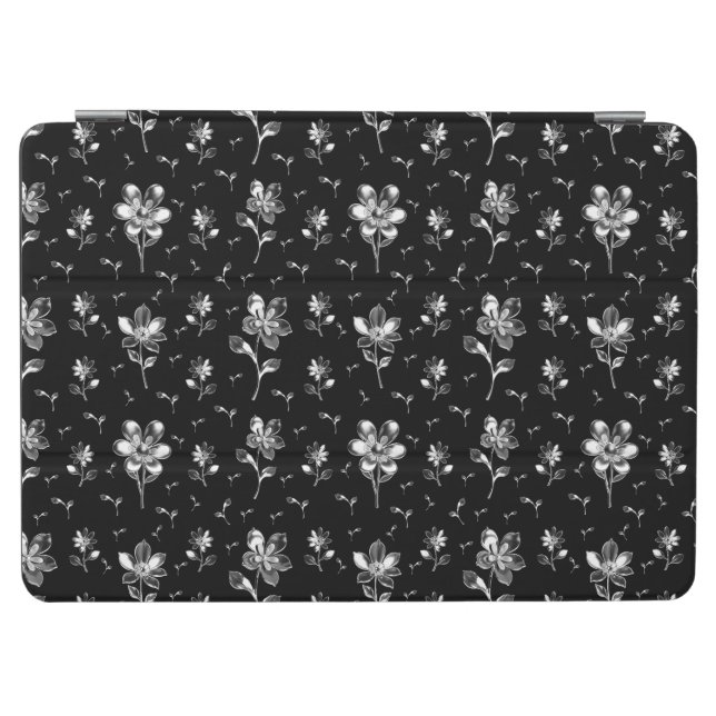 Black And Silver Floral Pattern Metallic Flowers iPad Air Cover (Horizontal)