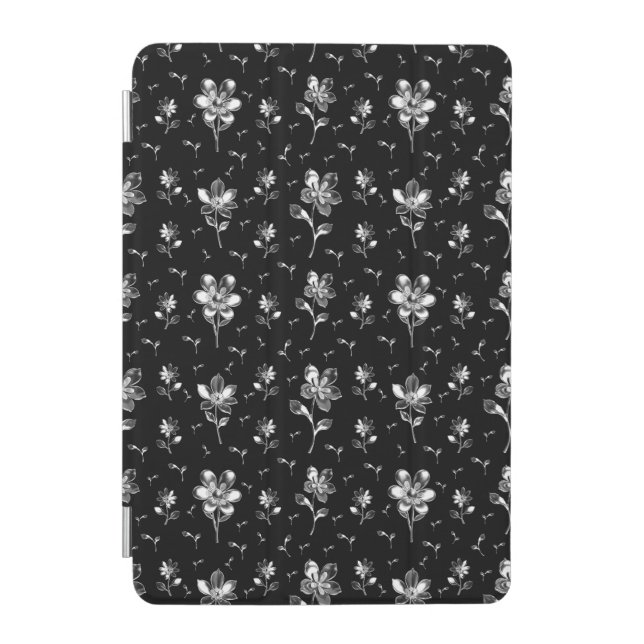 Black And Silver Floral Pattern Metallic Flowers iPad Mini Cover (Front)
