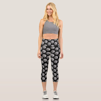 Black and Silver Floral Scattered Black Background Capri Leggings