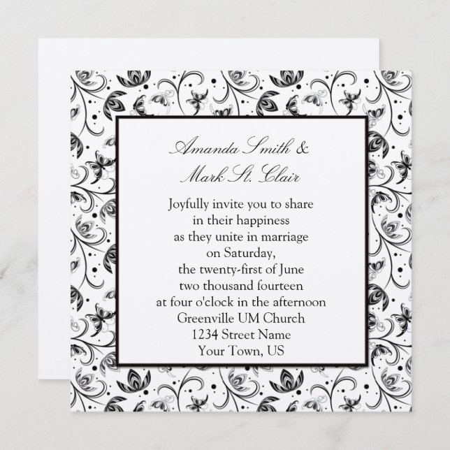Black and Silver Floral Wedding Invitation (Front/Back)