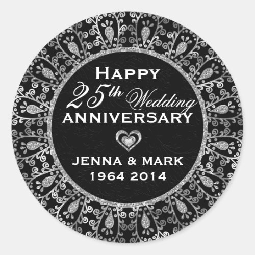 Black And Silver Floral Wreath 25th Anniversary Classic Round Sticker