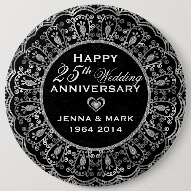 Black And Silver Floral Wreath 25th Anniversary Pinback Button (Front)