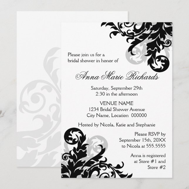 Black and Silver Flourish Bridal Shower Invitation (Front/Back)