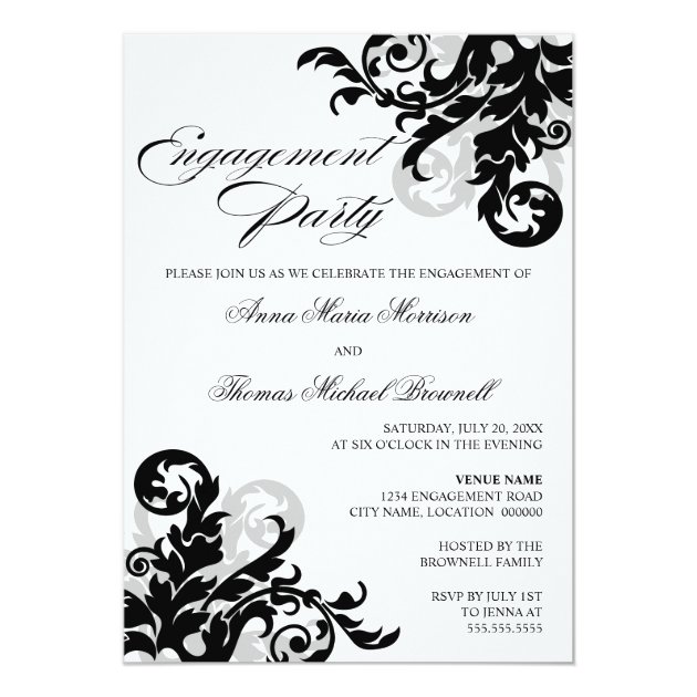 Black And Silver Flourish Engagement Party Invitation