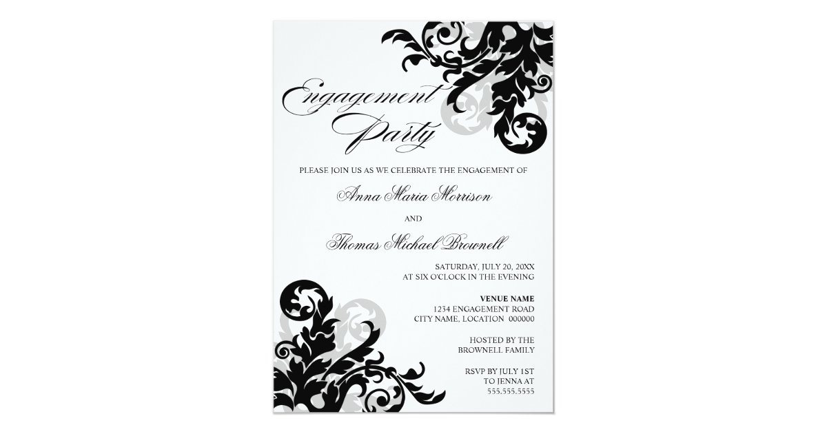Black and Silver Flourish Engagement Party Card | Zazzle