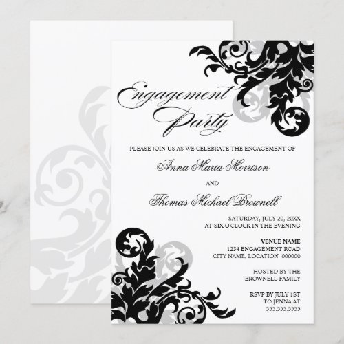 Black and Silver Flourish Engagement Party Announcement