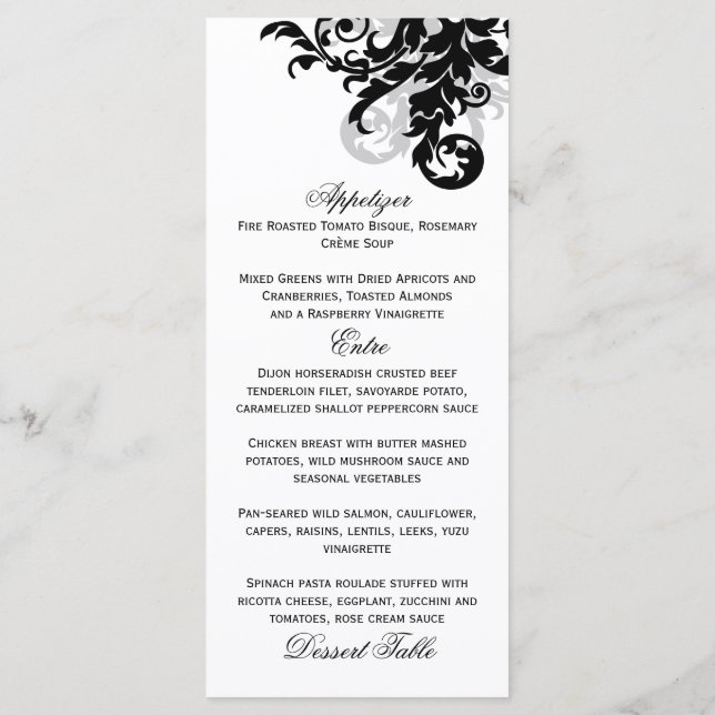 Black and Silver Flourish Menu Card (Back)