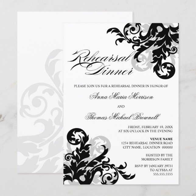 Black and Silver Flourish Rehearsal Dinner Invitation (Front/Back)