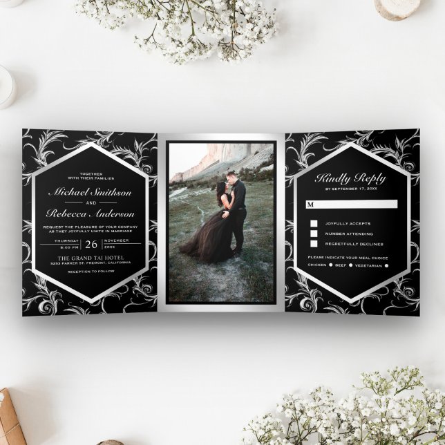 Black and Silver Flourish Swirl Wedding Photo Tri-Fold Invitation (Creator Uploaded)