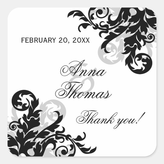 Black and Silver Flourish Wedding Favor Stickers (Front)