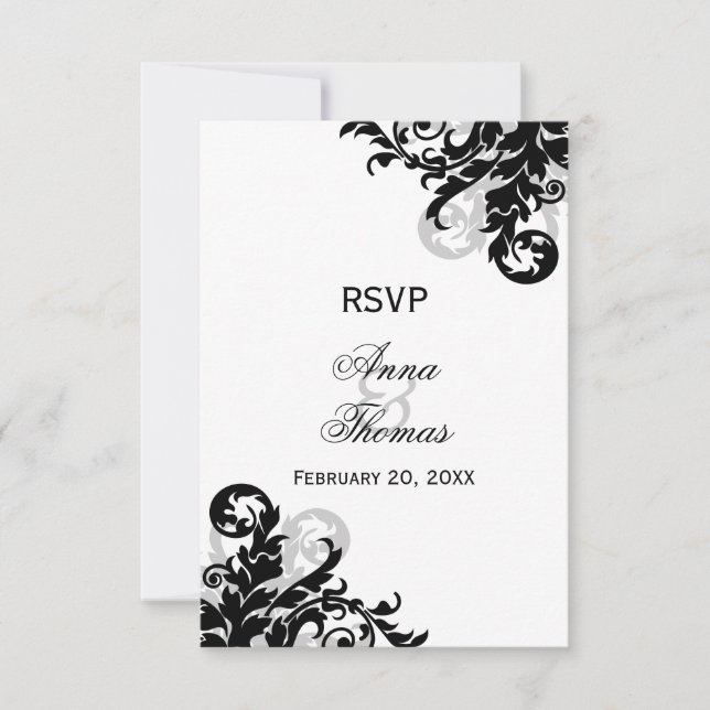 Black and Silver Flourish Wedding RSVP Cards (Front)