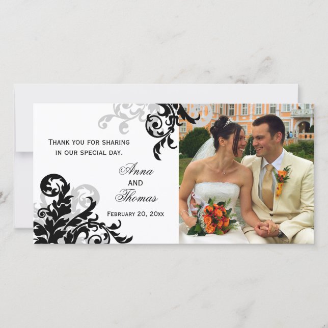 Black and Silver Flourish Wedding Thank You Card (Front)