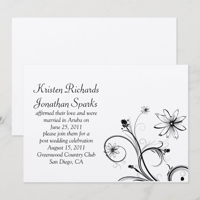 Black and Silver Flower Swirls Post Wedding Celebr Invitation (Front/Back)