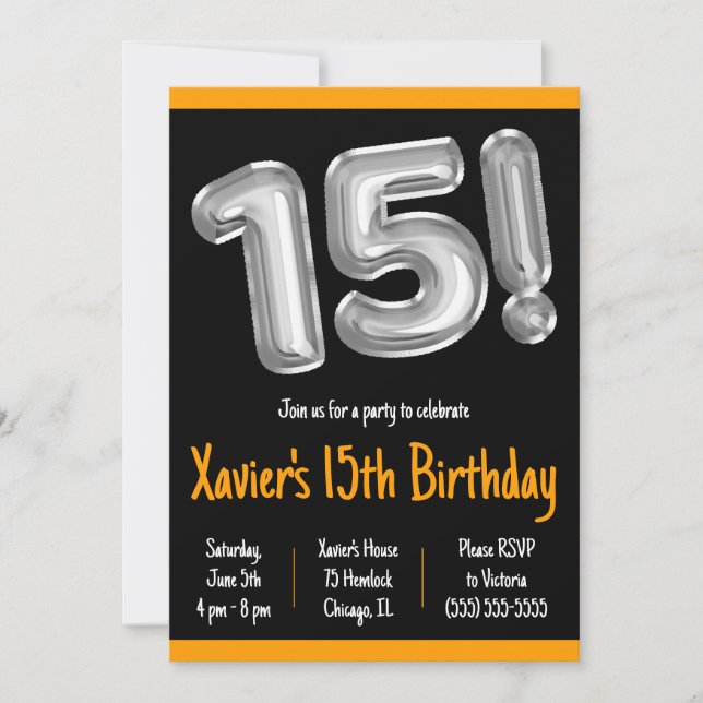 Black and Silver Foil Balloons 15th Birthday Party Invitation (Front)