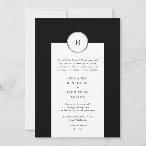 Black and Silver Foil Circle Monogram Wedding Invitation