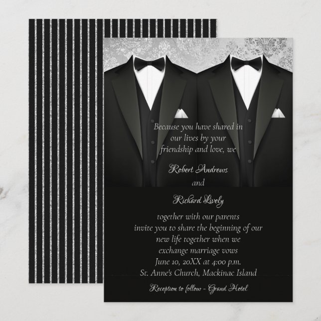 Black and Silver Gay Tuxedo Wedding Invitation (Front/Back)