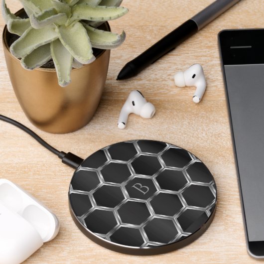 Black and silver geometric shapes pattern wireless charger  (Desk 2)