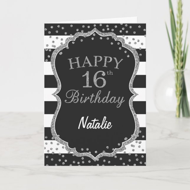 Black and Silver Glitter 16th Birthday Card (Front)