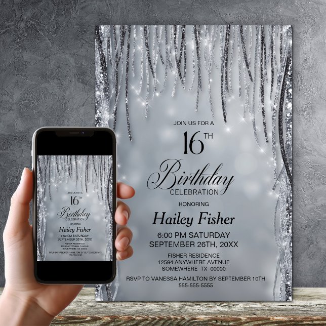 Black and Silver Glitter 16th Birthday Party Invitation (Creator Uploaded)