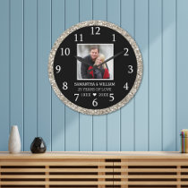 Black And Silver Glitter 25th Anniversary Photo Large Clock