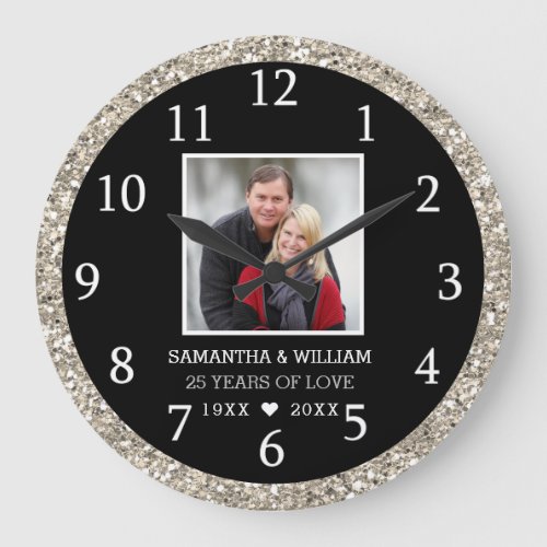 Black And Silver Glitter 25th Anniversary Photo Large Clock