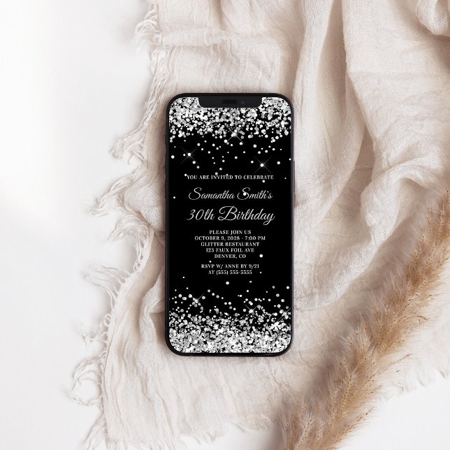 Black and Silver Glitter 30th Birthday Invitation (Black and Silver Glitter 30th Birthday Invitation)