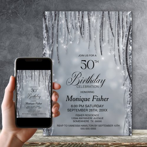 Black and Silver Glitter 50th Birthday Party Invitation
