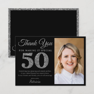 Black And Silver Glitter 50th Birthday Party Photo Thank You Card