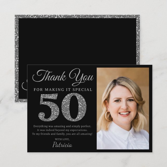 Black And Silver Glitter 50th Birthday Party Photo Thank You Card (Front/Back)