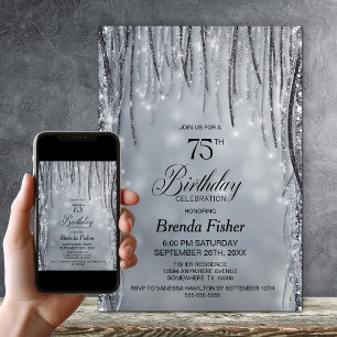 Black and Silver Glitter 75th Birthday Party Invitation