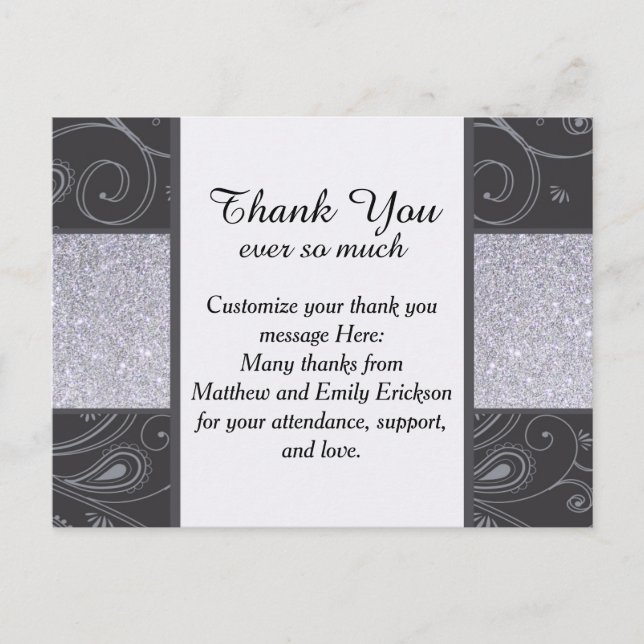 Black and Silver Glitter and Swirls Design Postcard (Front)