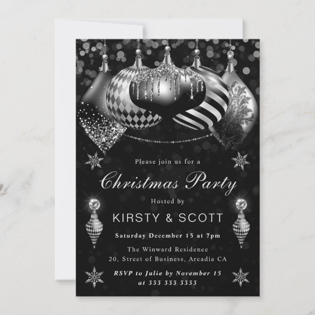 Black and Silver Glitter Baubles Christmas Party Invitation (Front)