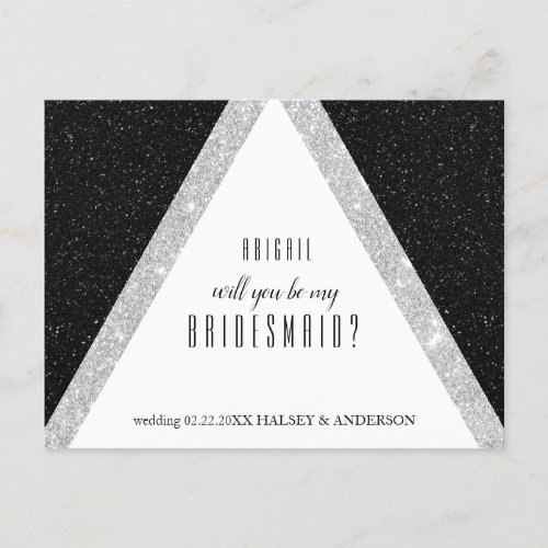 Black and Silver Glitter Bridesmaid Ask Announcement Postcard