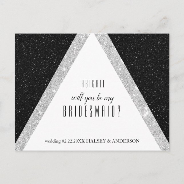Black and Silver Glitter Bridesmaid Ask Announcement Postcard (Front)