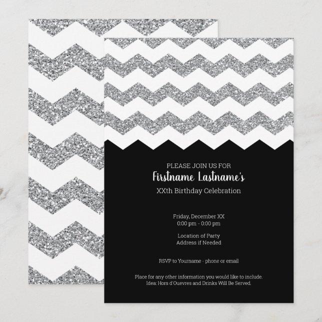 Black and Silver Glitter Chevrons Birthday Party Invitation (Front/Back)