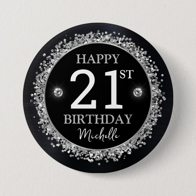 Black and Silver Glitter Confetti Birthday Button (Front)