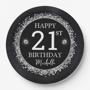 Black and Silver Glitter Confetti Birthday Paper Plates