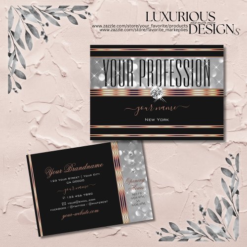 Black and Silver Glitter Diamonds Rose Gold Border Business Card