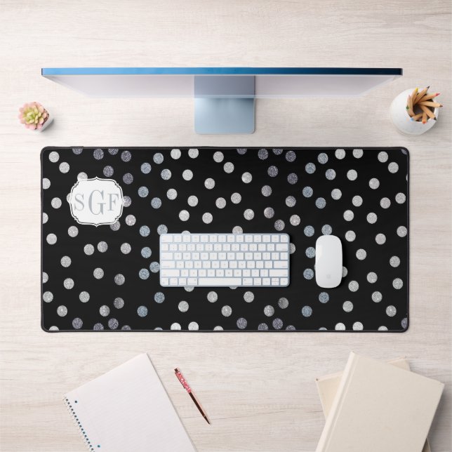 Black and Silver Glitter Dot Patterned Desk Mat (Office 1)