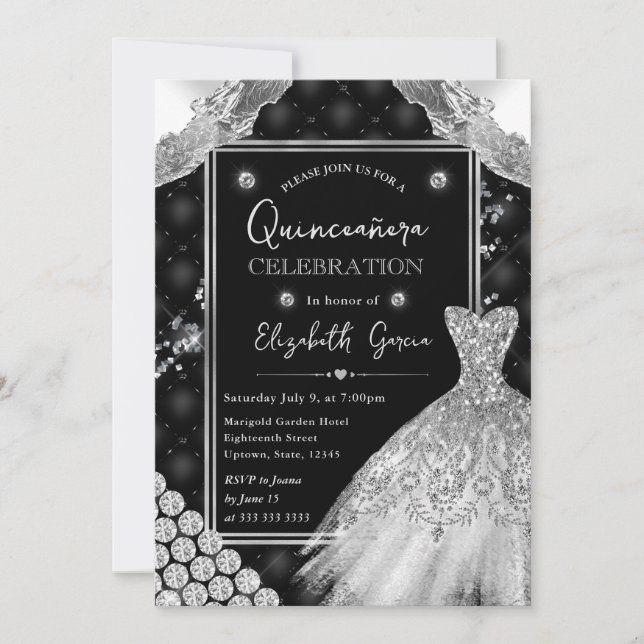 Black and Silver Glitter Dress Quinceanera Invitation (Front)